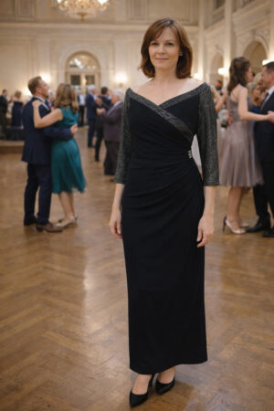 Fekete csillámos ujjú ruha - R564 (hosszú)